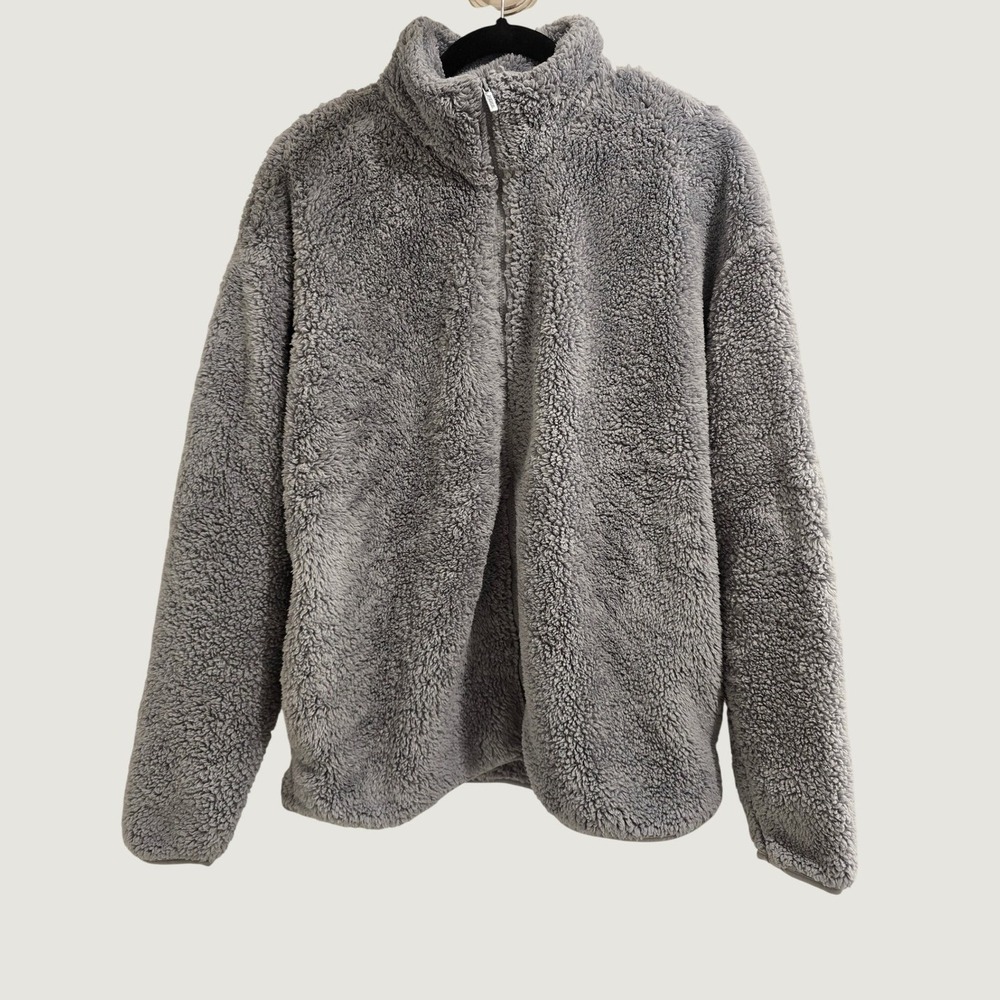 PINK Victoria's Secret Women L Gray Sherpa Teddy Fleece Full Zip Jacket Cozy Y2K